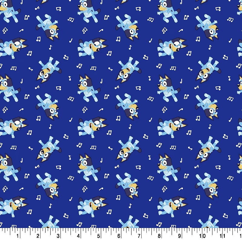 Bluey with Music Notes on Dark Blue Cotton Fabric 