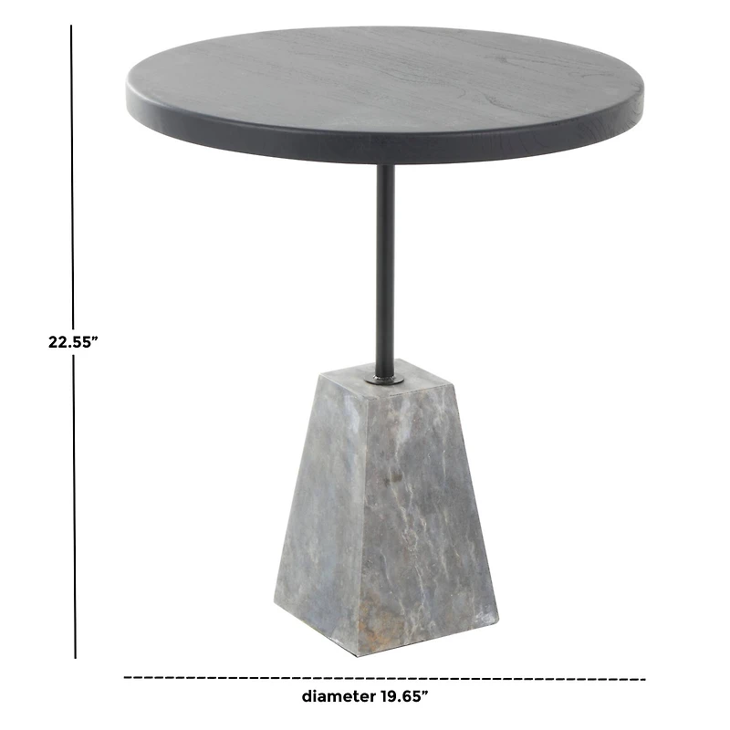 22.5" Black & Gray Wood Accent Table with Marble Pyramid Base