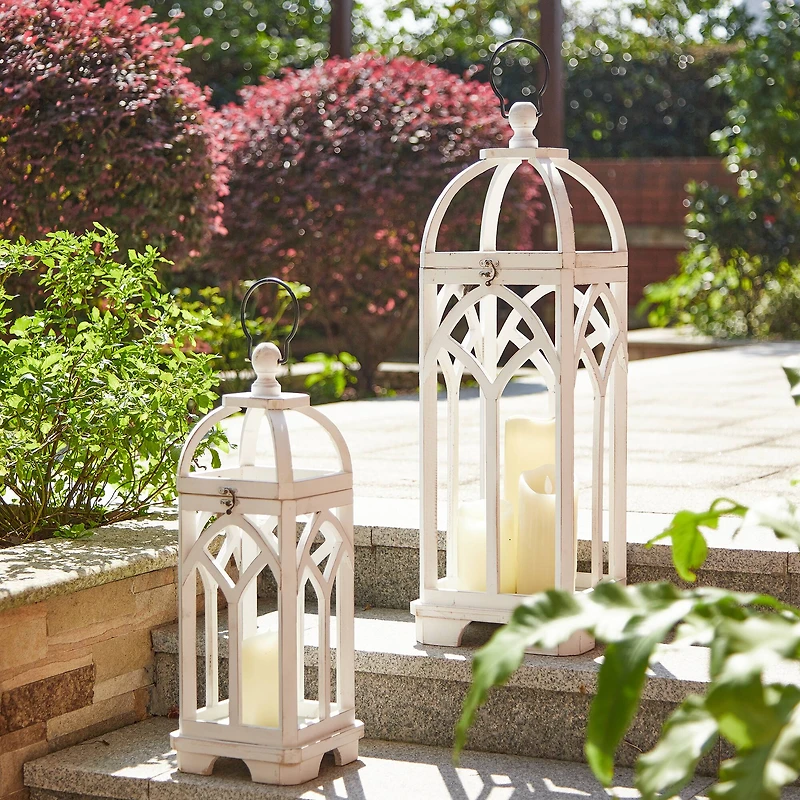 Glitzhome® Wash White Farmhouse Wooden Church Window Frame Lanterns, 2ct.