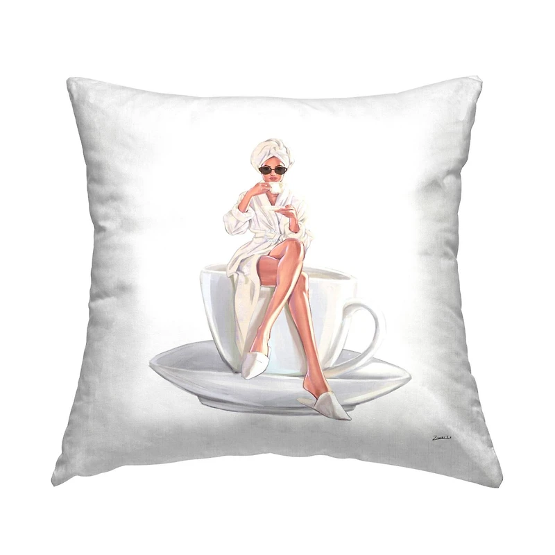 Stupell Industries Stylish Woman Glam Bathrobe Morning Coffee Throw Pillow, 18" x 18"