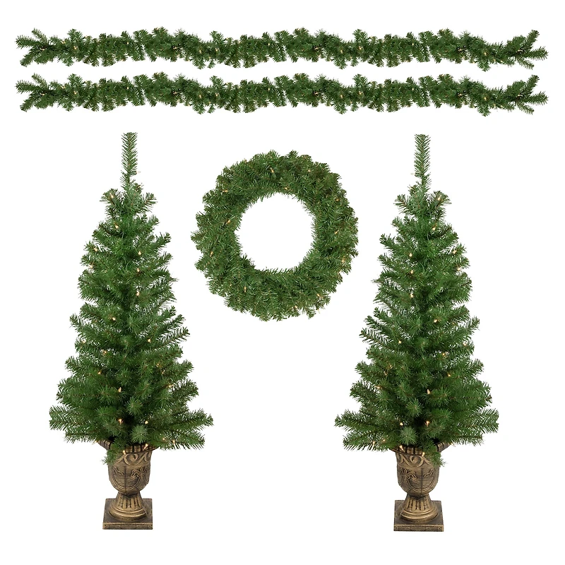 5-Piece Pre-Lit Wolcott Spruce Artificial Christmas Entryway Set, Clear Lights