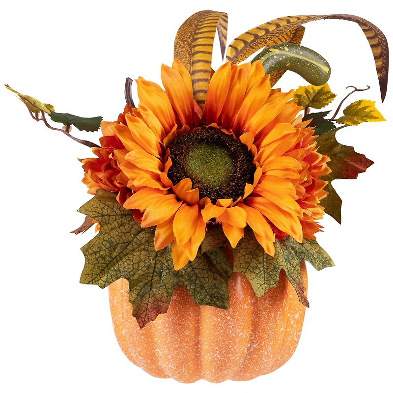 10" Autumn Harvest Pumpkin with Sunflowers, Mums & Pine Cones Décor