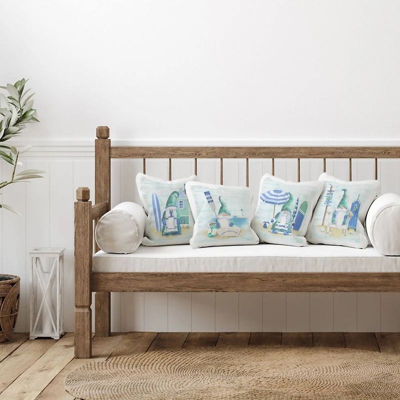 Stupell Industries Blue Coastal Gnome Nautical Beach Activities 4 Pillow Set, 18" x 18"