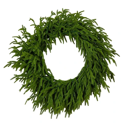24in. Pre-Lit Artificial Real Touch Norfolk Island Pine Wreath with 50 Warm White LED Lights and Natural Look