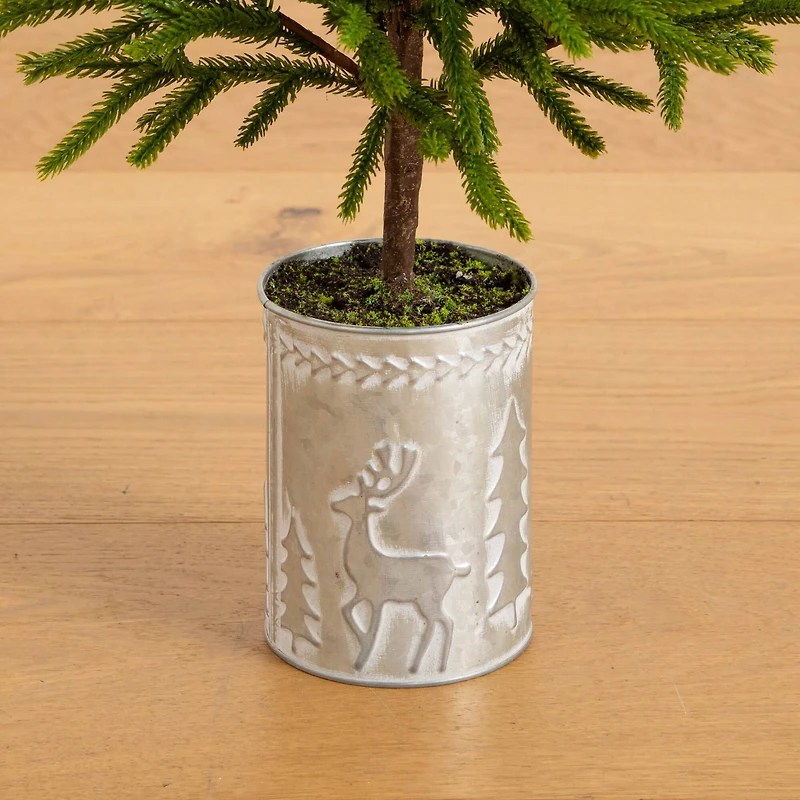 32in. Artificial Real Touch Norfolk Island Pine in Christmas Tin Metal Planter with Natural Look