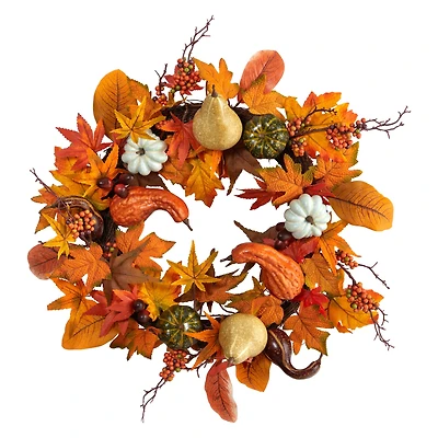 24" Pumpkin, Gourd & Berries Artificial Fall Wreath
