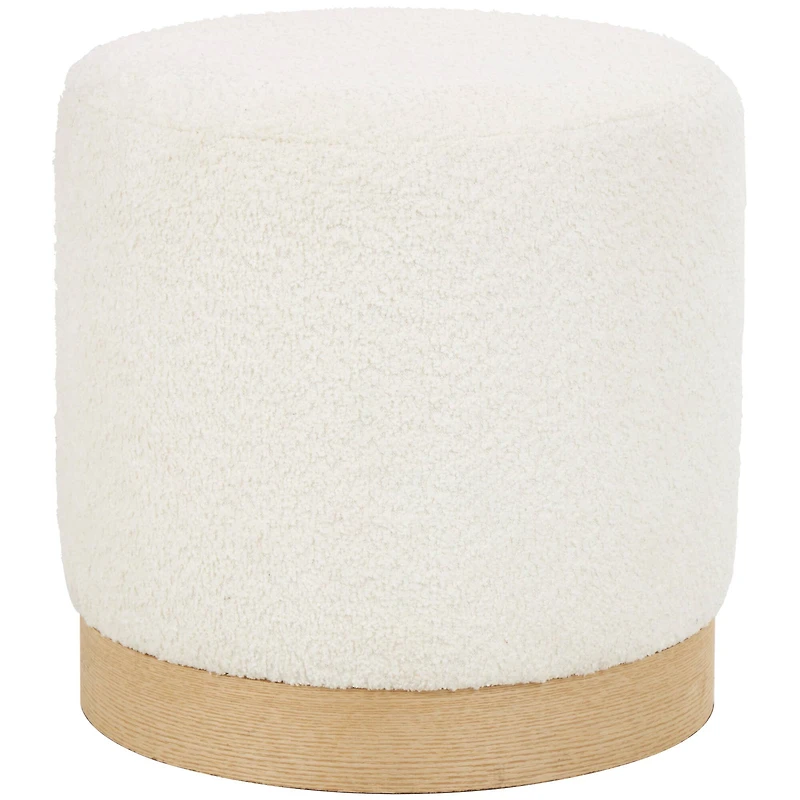 16" White Geometric Boucle Stool with Brown Wooden Base