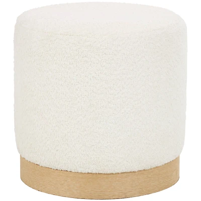 16" White Geometric Boucle Stool with Brown Wooden Base