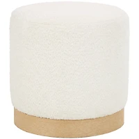 16" White Geometric Boucle Stool with Brown Wooden Base