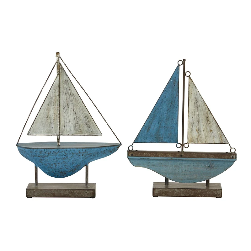 Set of 2 Blue Metal Coastal Sail Boat Sculpture, 17", 16"