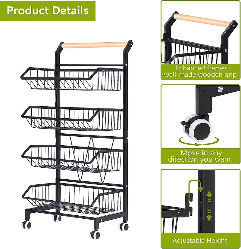 Black 4 Tier Fruit Vegetable Storage Basket Rolling Cart
