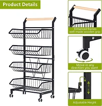 Black 4 Tier Fruit Vegetable Storage Basket Rolling Cart