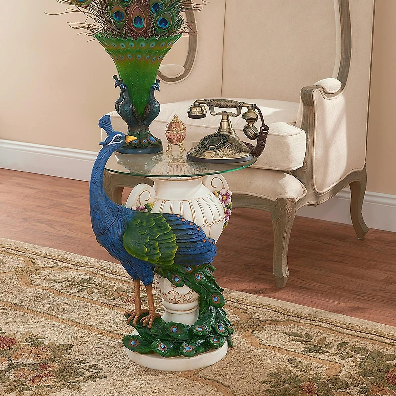 25" Staverden Castle Peacock Sculptural Glass-Topped Table