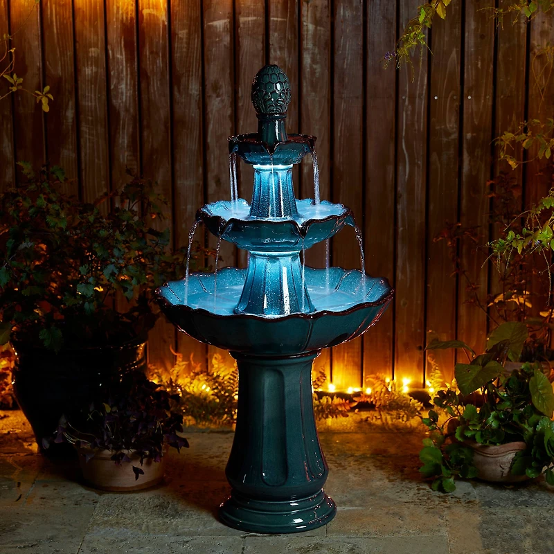 Glitzhome® 45" 3-Tier LED Turquoise Pedestal Lotus Ceramic Outdoor Floor Fountain