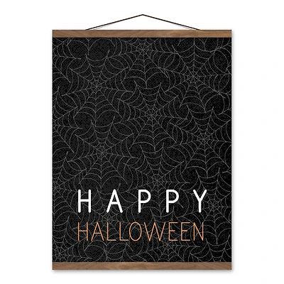 Happy Halloween Spider Webs 16" x 20" Teak Hanging Canvas