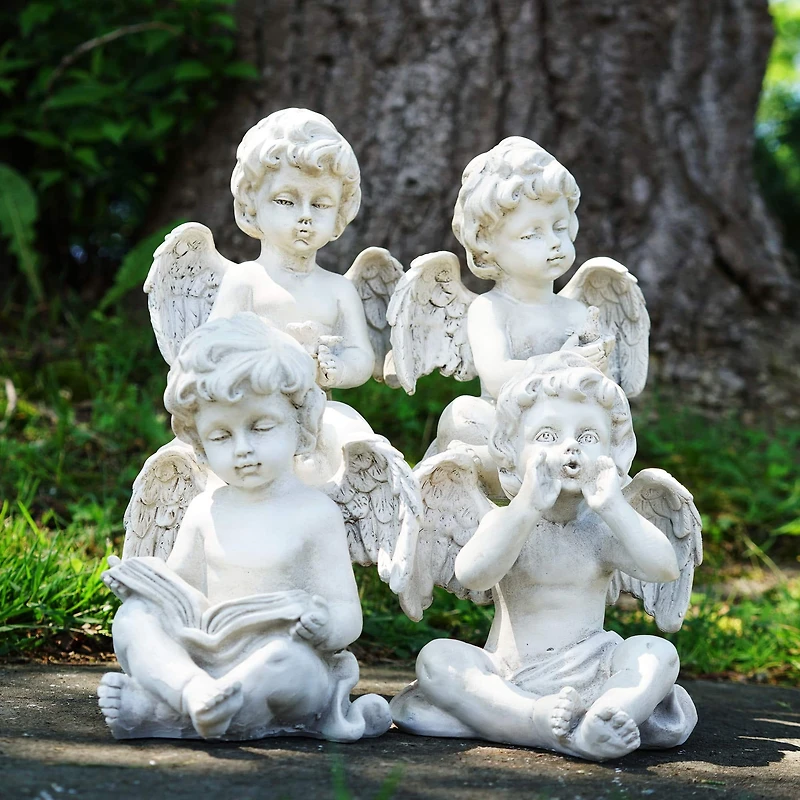 6.5" Gray Cherub Angel Outdoor Garden Statues Set Of 4