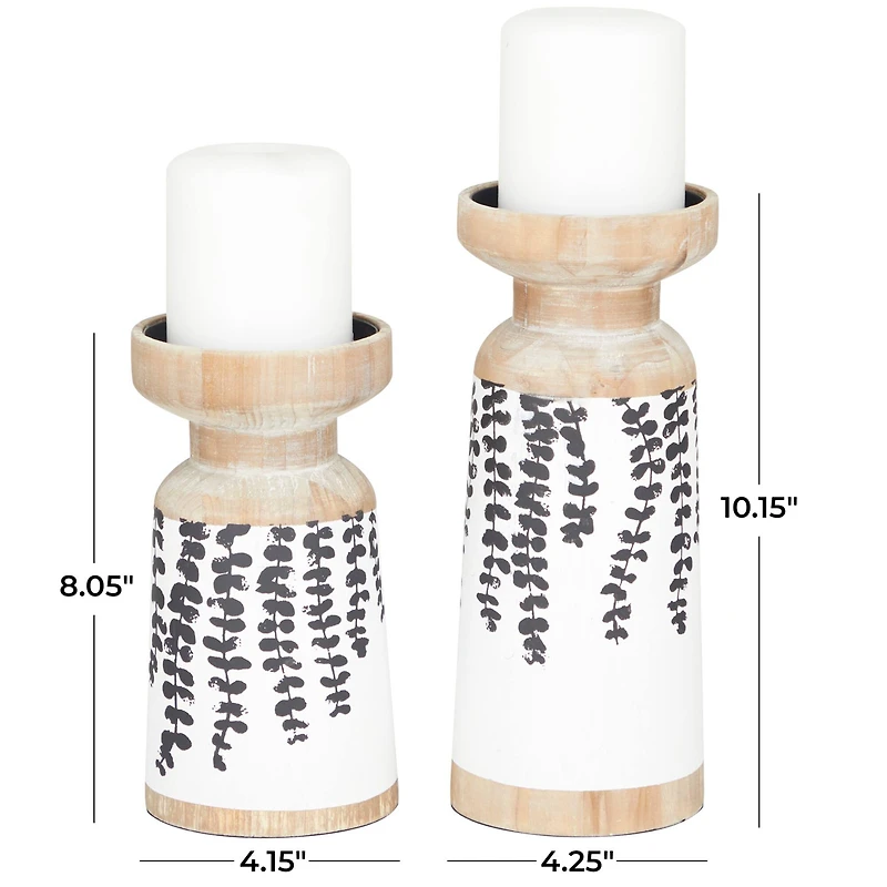 Brown Wood Drooping Vine Pillar Leaf Candle Holder Set