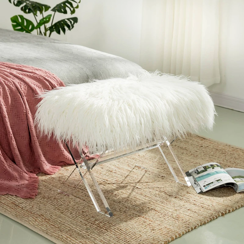 Glitzhome® 25.5" White Faux Fur Acrylic Bench
