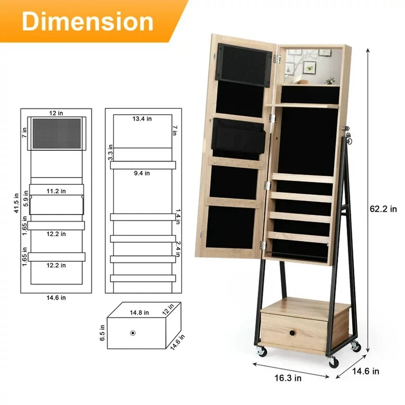 NEX™ 5ft. Yellow Jewelry Armoire on Casters with Chest Drawer