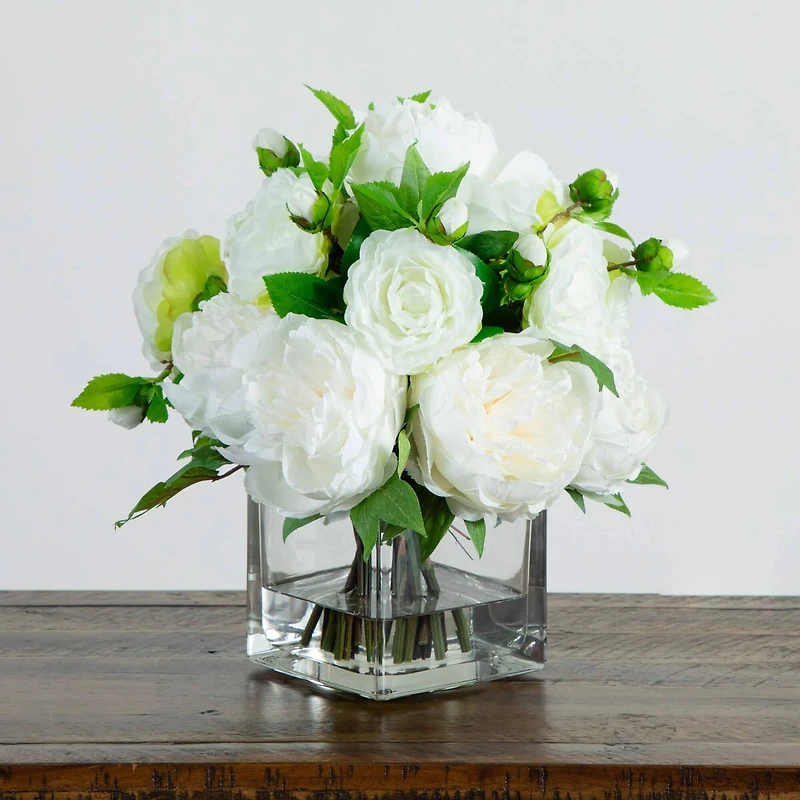 Wedding Collection 13in. Peony and Camellia Artificial Arrangement in Glass Vase