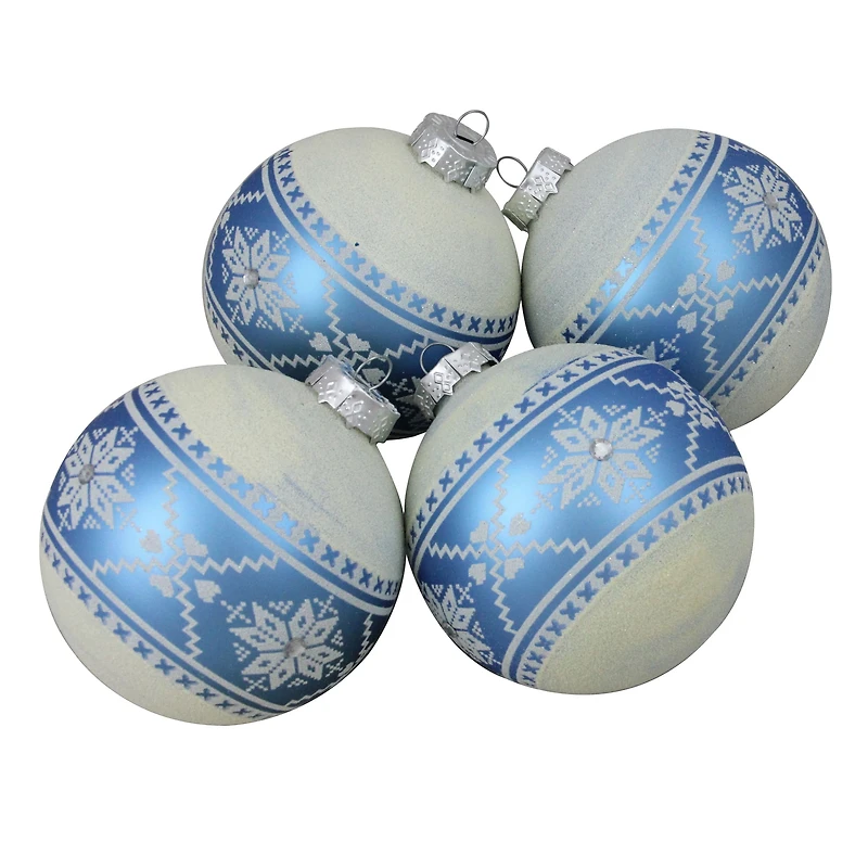 4ct. 4" Blue & White Nordic Fair Isle Glass Ball Ornaments