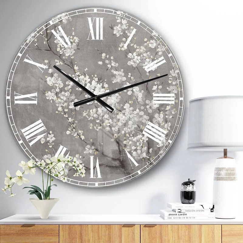 Designart 'White Cherry Blossoms Ii Traditional Wall Clock