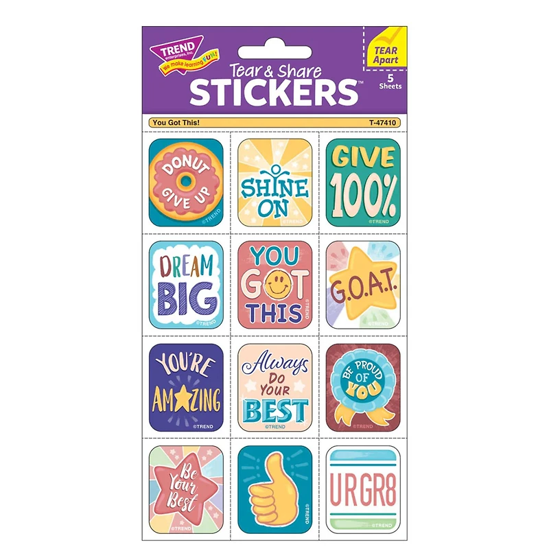 TREND Enterprises® You Got This! Tear & Share Stickers™, 6 Packs of 60