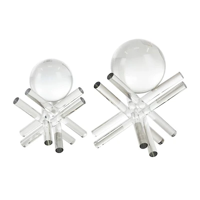 Clear Crystal Abstract Jack Inspired Sculpture with Resting Orbs Tabletop Décor Set