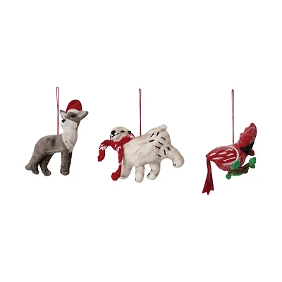 Hello Honey® Handmade Wool Felt Fox, Polar Bear & Cardinal Ornament Set