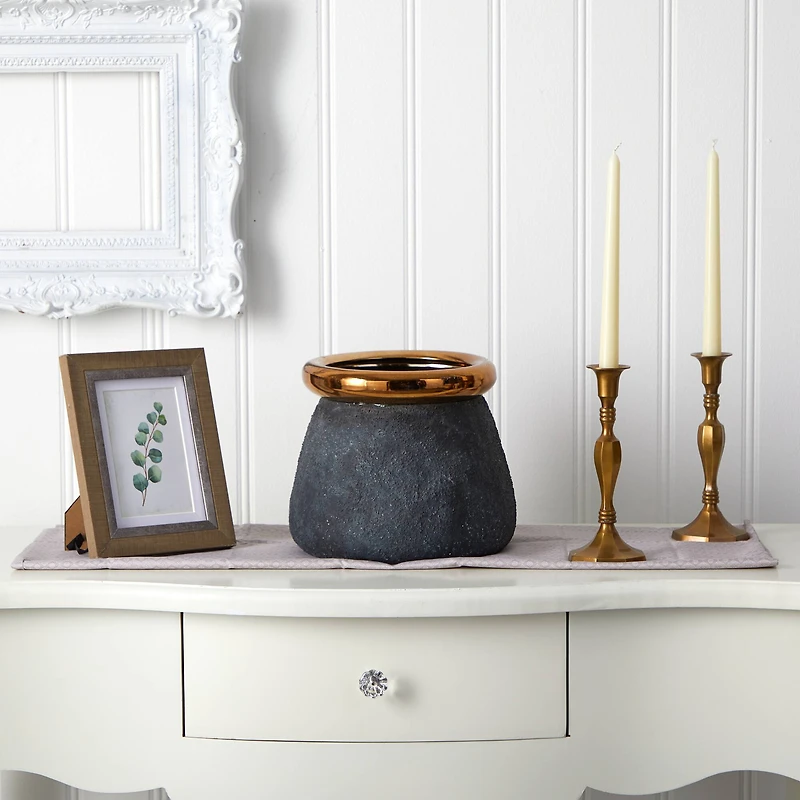 8" Stone Planter with Bronze Rim