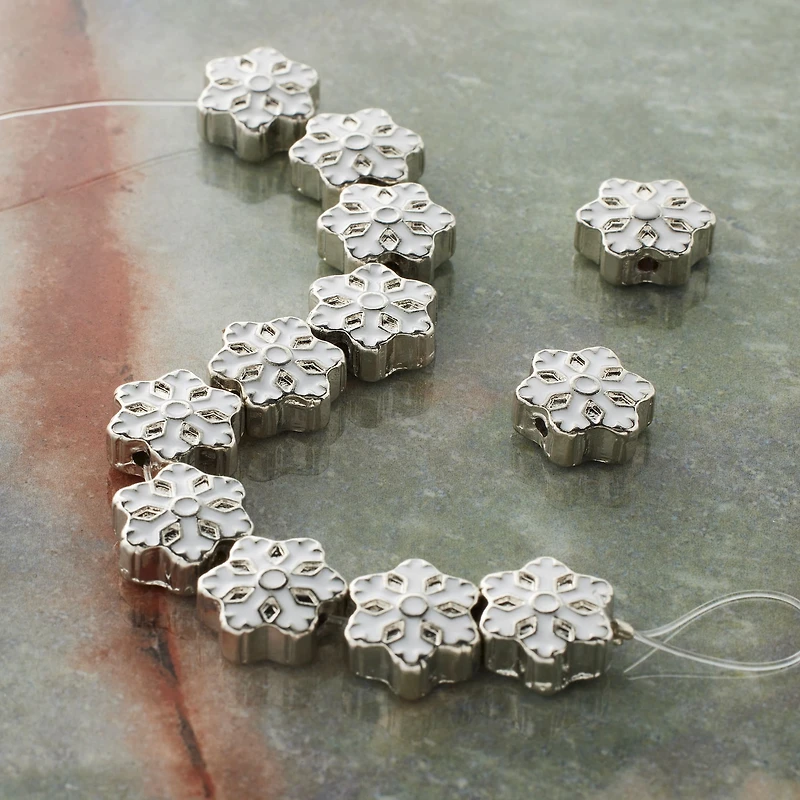 Rhodium & White Snowflake Beads, 12mm by Bead Landing™