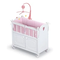 Badger Basket White & Pink Cabinet Doll Crib with Gingham Bedding