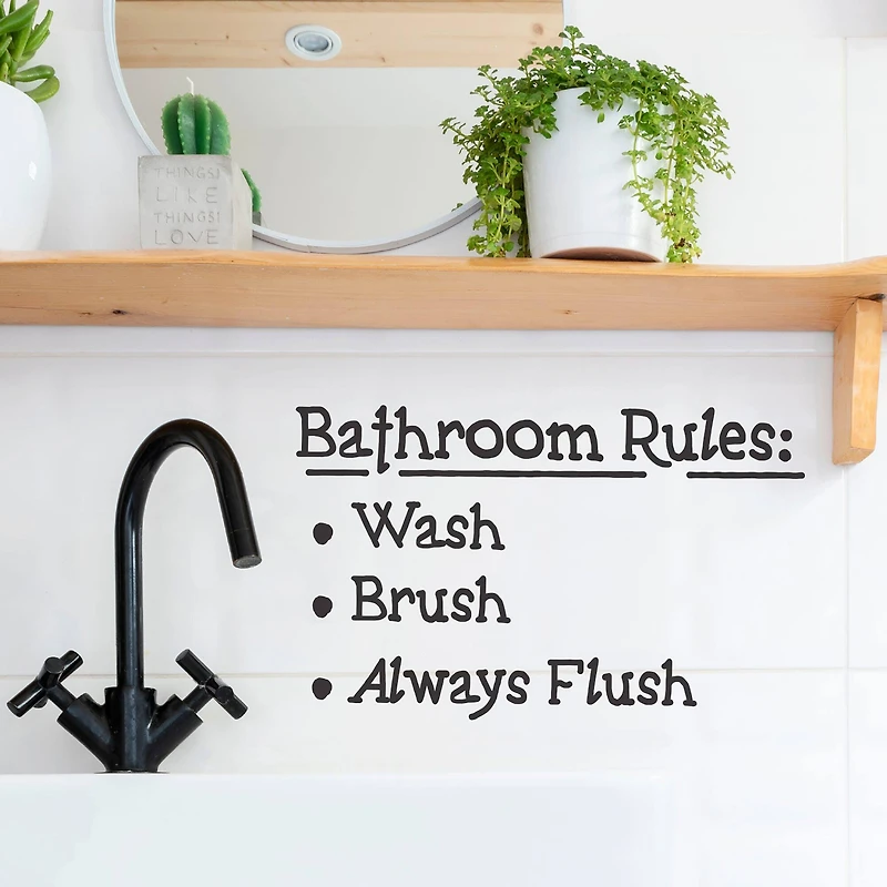 Leisure Arts® Vinyl Bathroom Rules Wash Brush Always Flush Black Wall Decal