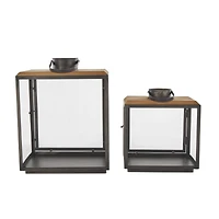 Dark Gray Brushed & Wood Top Rectangular Candle Lantern Set