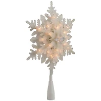 10" Lighted White Frosted Stacked Snowflake Christmas Tree Topper, Clear Lights