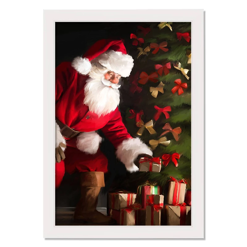 Santa Delivering Christmas Gifts White Framed Wall Art