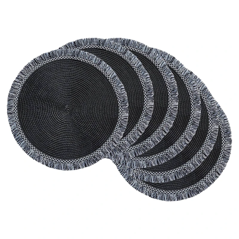 DII® 15" Round Black Fringed Placemat Set, 6ct.