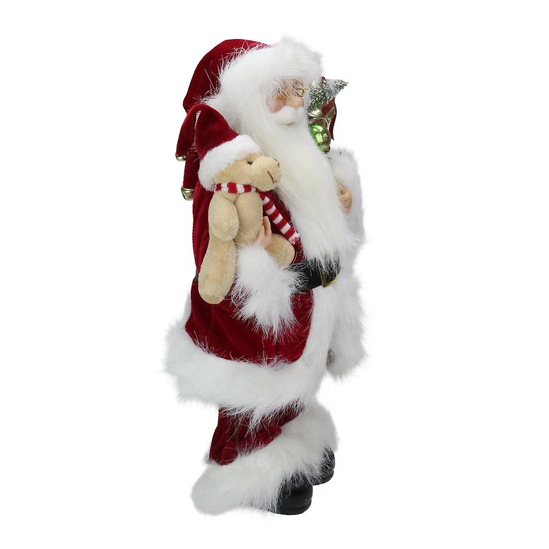 16" Traditional Standing Santa Claus with Teddy Bear & Gift Bag