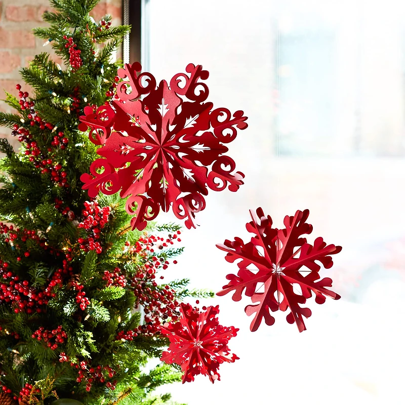 Red Paper Snowflake Ornament Set