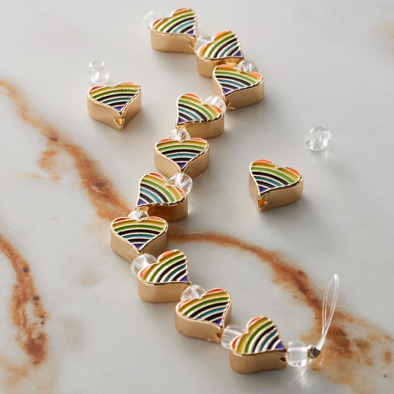 Rainbow Stripe & Gold Heart Beads, 9mm by Bead Landing™