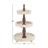 25" White Farmhouse Wood 3-Tier Tray Stand