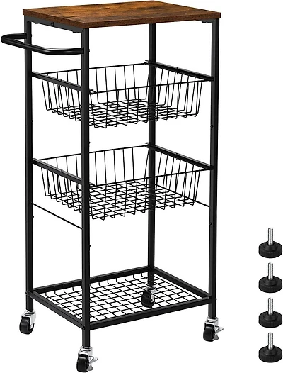 Black 4-Tier Rolling Cart with Storage Basket Shelf
