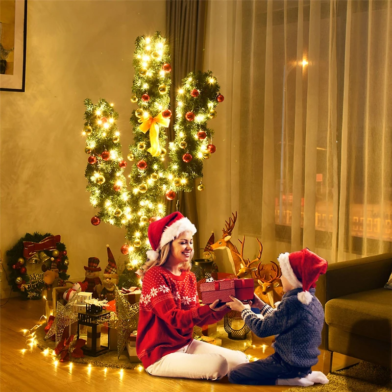 Costway 5ft. Pre-Lit Cactus Artificial Christmas Tree with Ball Ornaments, Warm White LED Lights