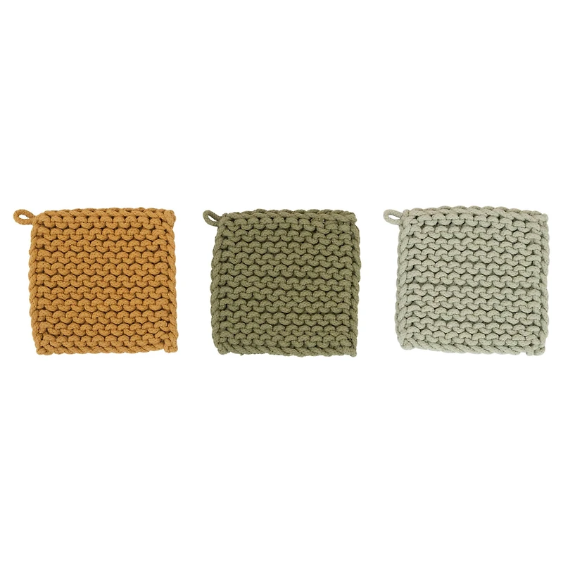 Hello Honey® 8" Yellow & Green Square Cotton Crocheted Pot Holder Set