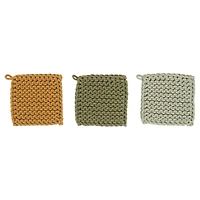Hello Honey® 8" Yellow & Green Square Cotton Crocheted Pot Holder Set