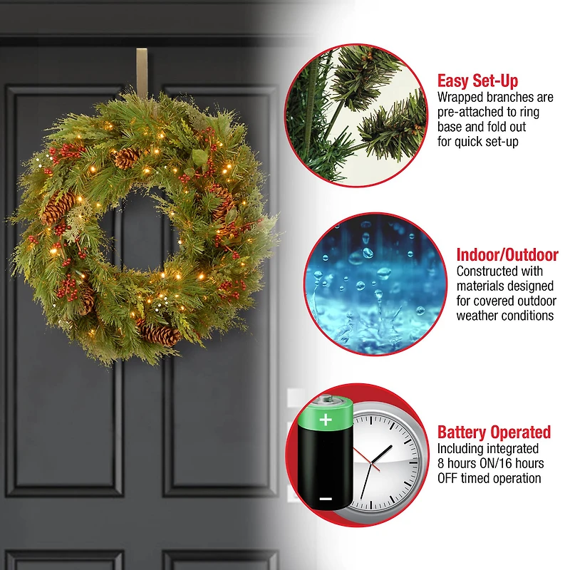 30" White Pine & Pine Cones Wreath With Soft White LED Lights