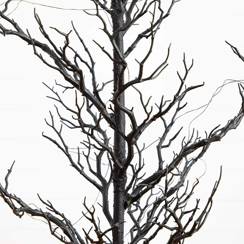 5ft. Pre-Lit Artificial Halloween Black Spooky Twig Tree with 200 Orange & Purple Copper Wire String LED Lights