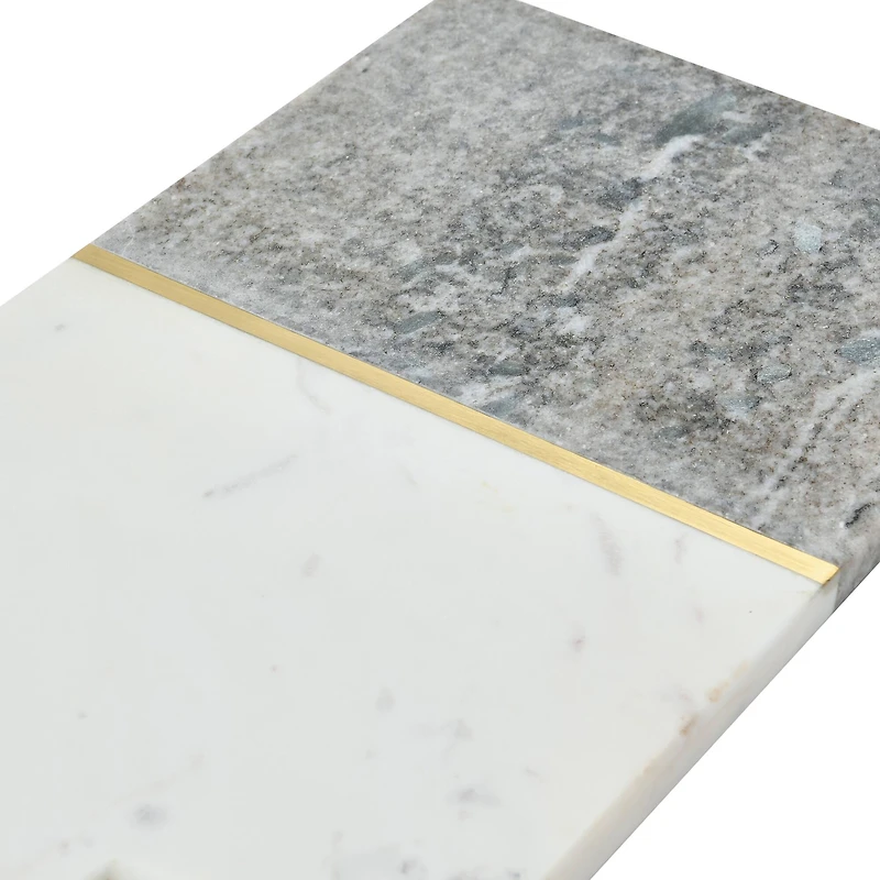 Hello Honey® 15" Gray and White Boho 2-Tone Marble Charcuterie or Cutting Board with Brass Inlay and Leather Tie