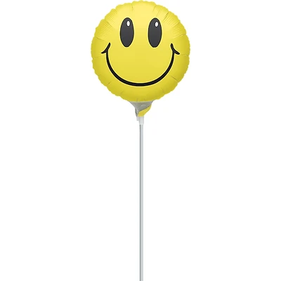 9" Yellow Smile Face Stick Balloon