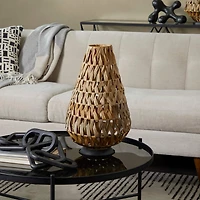 19" Light Brown Plastic Rattan Handmade Candle Lantern with Wrapped Zig Zag Design